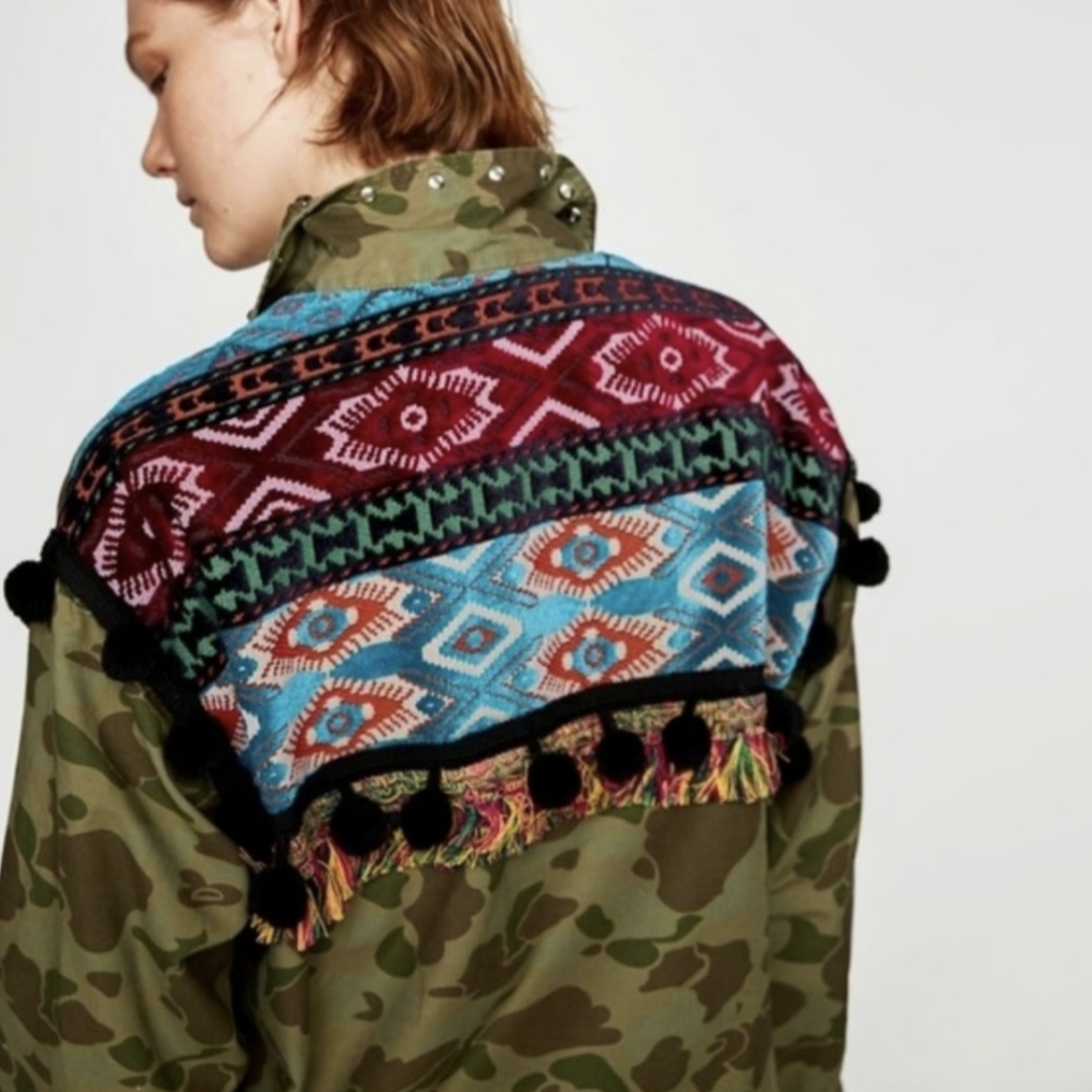 Zara Boho Embroidered Pom Fringe Camo Army Parka Jacket Barn Coat